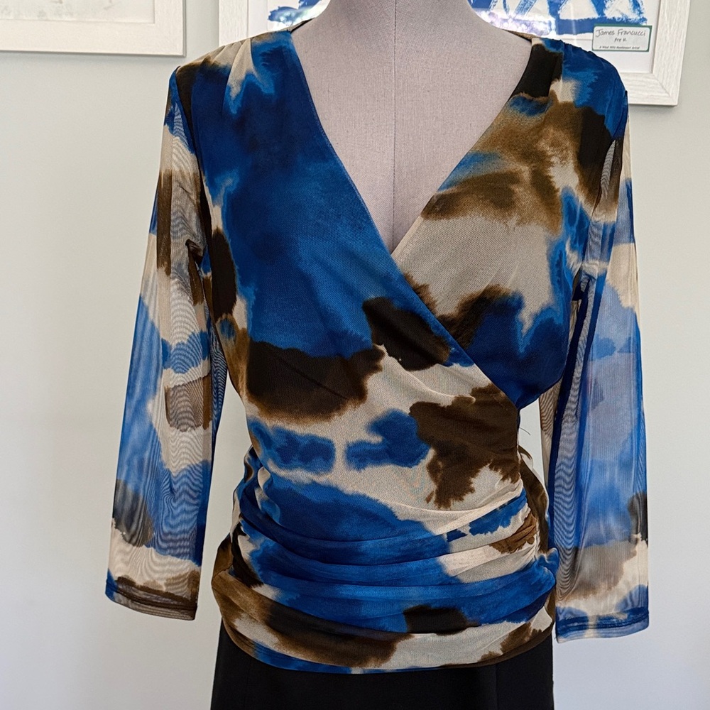 DKNY Blue and Brown Abstract Wrap Blouse